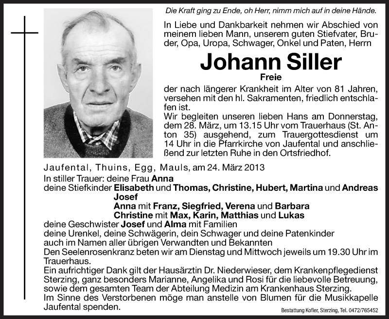  Traueranzeige für Johann Siller vom 26.03.2013 aus Dolomiten