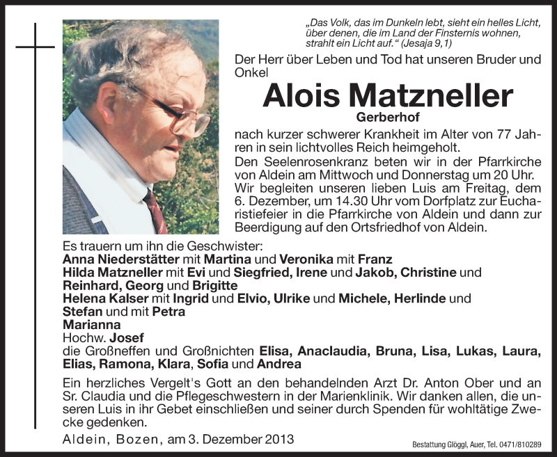  Traueranzeige für Alois Matzneller vom 04.12.2013 aus Dolomiten