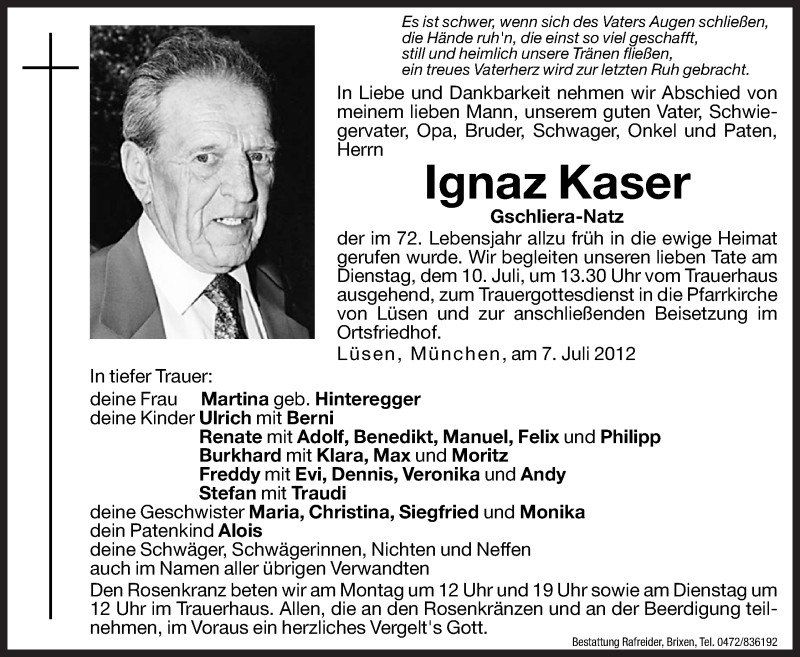  Traueranzeige für Ignaz Kaser vom 09.07.2012 aus Dolomiten