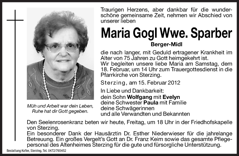  Traueranzeige für Maria Sparber vom 17.02.2012 aus Dolomiten