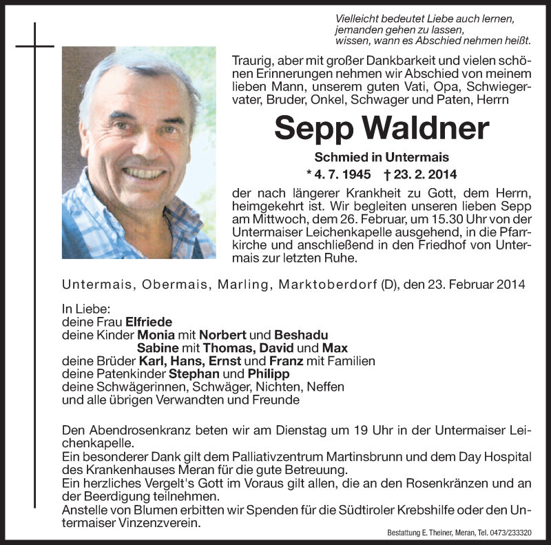  Traueranzeige für Sepp Waldner vom 25.02.2014 aus Dolomiten