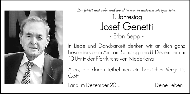  Traueranzeige für Josef Genetti vom 07.12.2012 aus Dolomiten