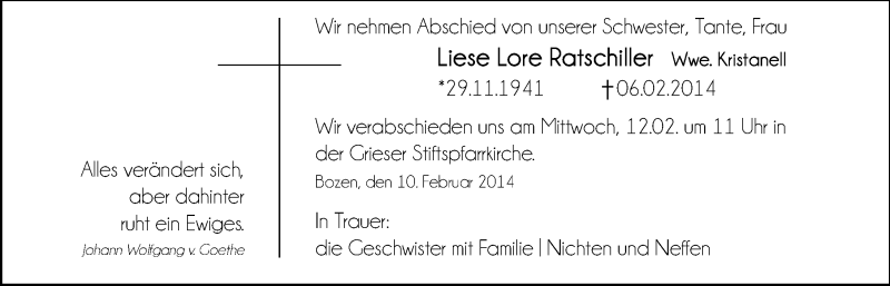  Traueranzeige für Liese Lore Kristanell vom 10.02.2014 aus Dolomiten