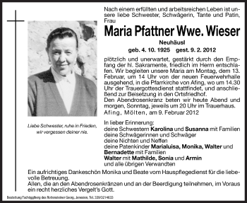 Traueranzeige von Maria Wieser von Dolomiten
