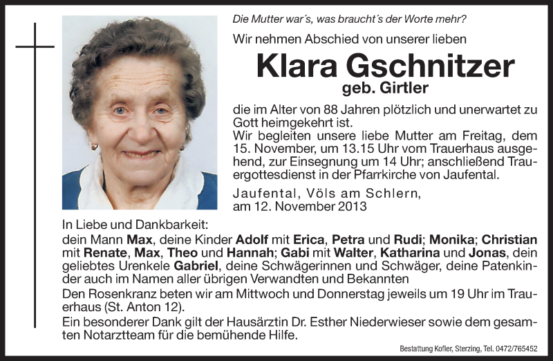  Traueranzeige für Klara Gschnitzer vom 13.11.2013 aus Dolomiten