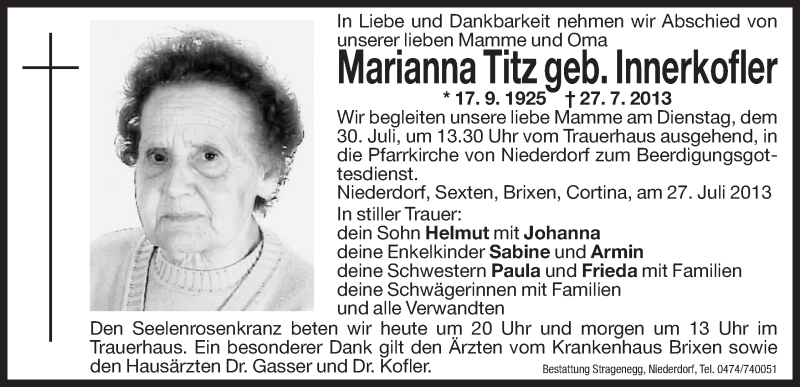  Traueranzeige für Marianna Titz vom 29.07.2013 aus Dolomiten