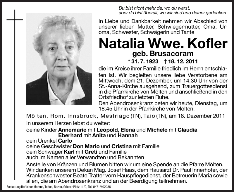  Traueranzeige für Natalia Kofler vom 20.12.2011 aus Dolomiten