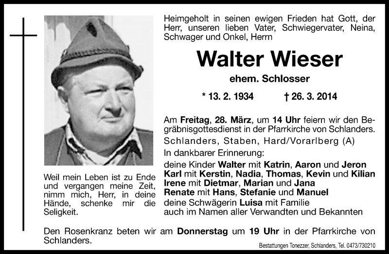  Traueranzeige für Walter Wieser vom 27.03.2014 aus Dolomiten