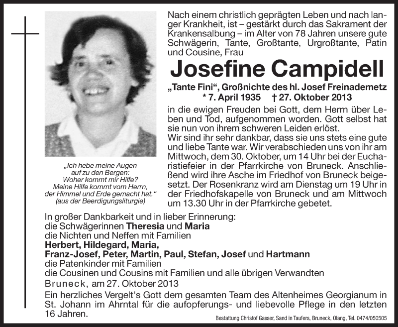  Traueranzeige für Josefine Campidell vom 29.10.2013 aus Dolomiten