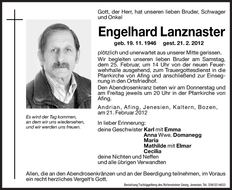  Traueranzeige für Engelhard Lanznaster vom 23.02.2012 aus Dolomiten