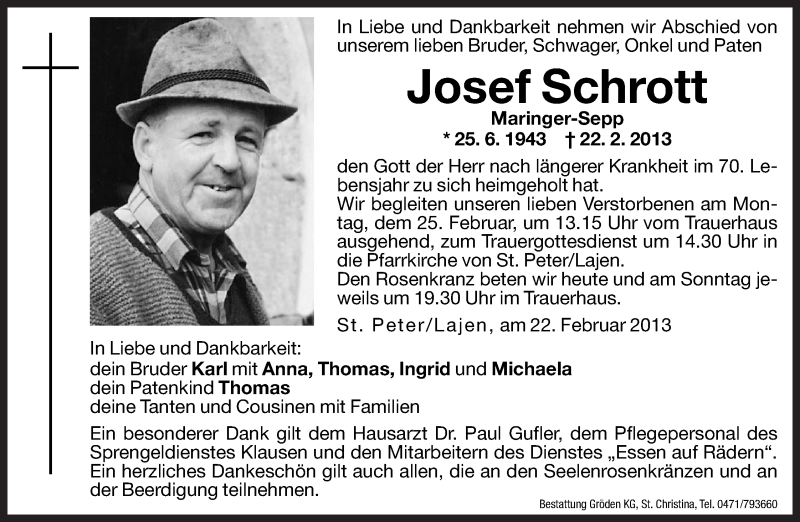  Traueranzeige für Josef Schrott vom 23.02.2013 aus Dolomiten