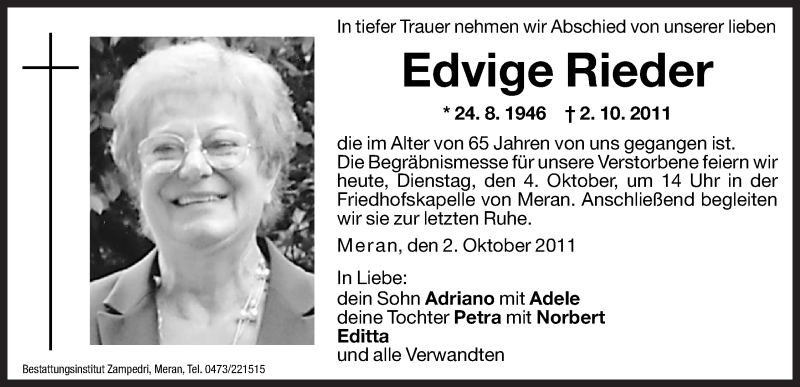  Traueranzeige für Edvige Rieder vom 04.10.2011 aus Dolomiten