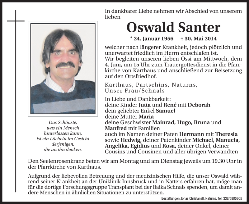  Traueranzeige für Oswald Santer vom 31.05.2014 aus Dolomiten
