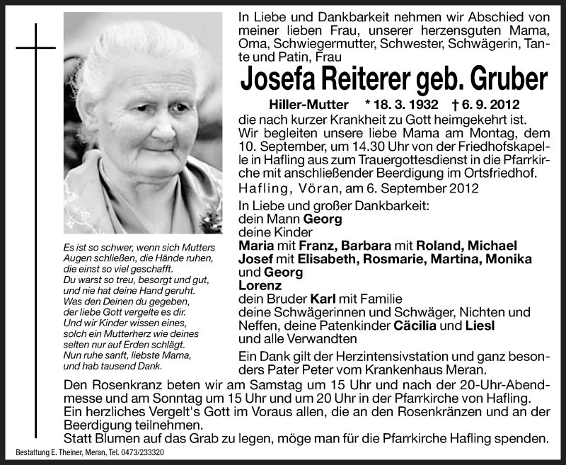  Traueranzeige für Josefa Reiterer vom 08.09.2012 aus Dolomiten