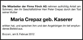 Traueranzeige von Maria Crepaz von Dolomiten