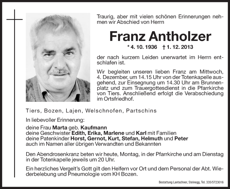  Traueranzeige für Franz Antholzer vom 02.12.2013 aus Dolomiten