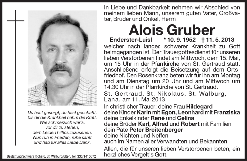  Traueranzeige für Alois Gruber vom 13.05.2013 aus Dolomiten