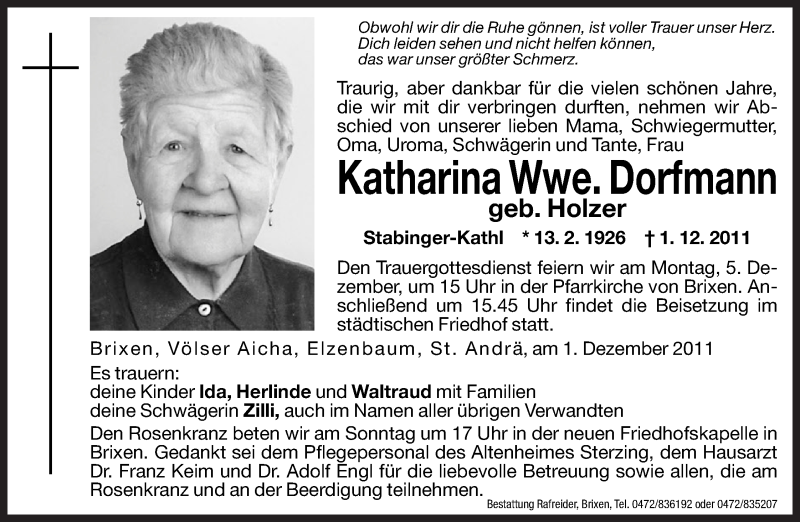  Traueranzeige für Katharina Dorfmann vom 02.12.2011 aus Dolomiten