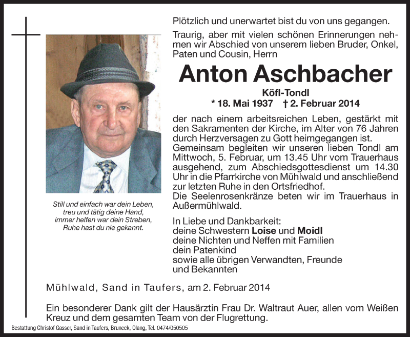  Traueranzeige für Anton Aschbacher vom 03.02.2014 aus Dolomiten