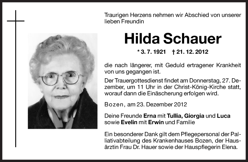  Traueranzeige für Hilda Schauer vom 24.12.2012 aus Dolomiten