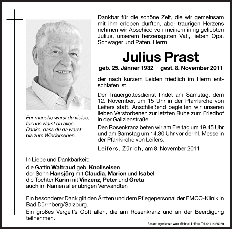  Traueranzeige für Julius Prast vom 11.11.2011 aus Dolomiten