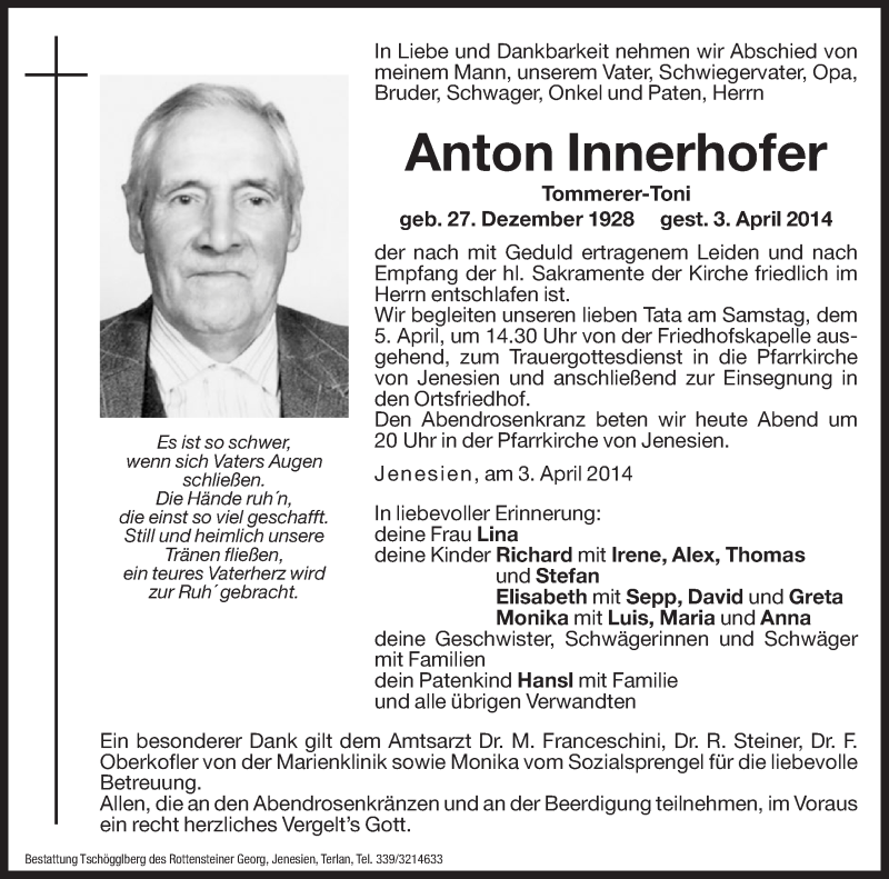  Traueranzeige für Anton Innerhofer vom 04.04.2014 aus Dolomiten