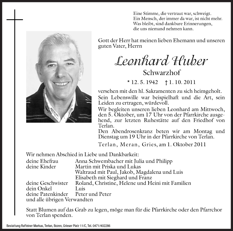  Traueranzeige für Leonhard Huber vom 03.10.2011 aus Dolomiten