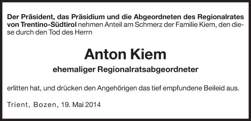  Traueranzeige für Anton Kiem vom 20.05.2014 aus Dolomiten