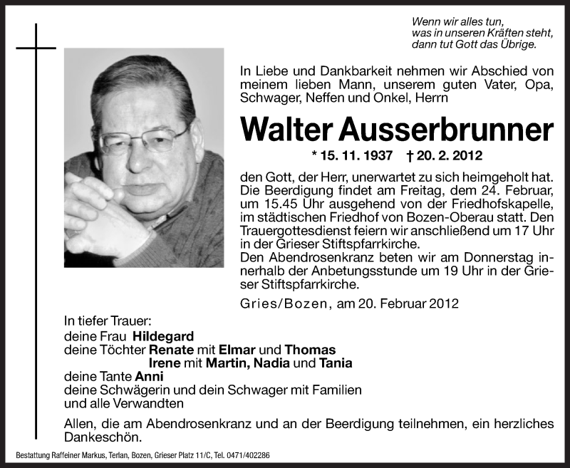  Traueranzeige für Walter Ausserbrunner vom 22.02.2012 aus Dolomiten