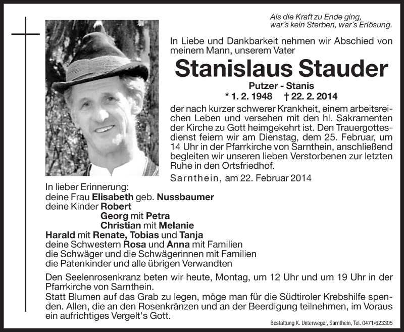  Traueranzeige für Stanislaus Stauder vom 24.02.2014 aus Dolomiten