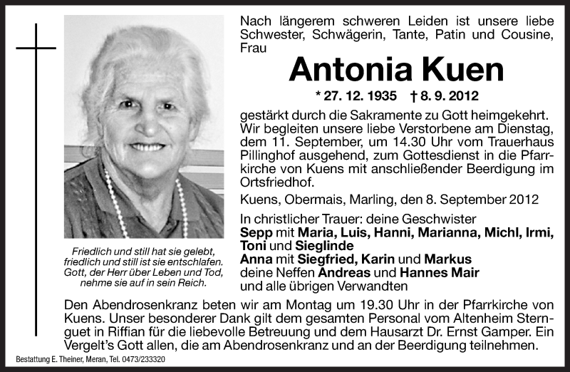  Traueranzeige für Antonia Kuen vom 10.09.2012 aus Dolomiten