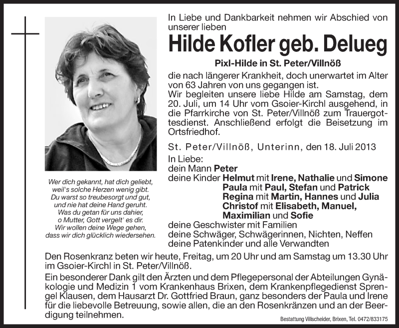  Traueranzeige für Hilde Kofler vom 20.07.2013 aus Dolomiten