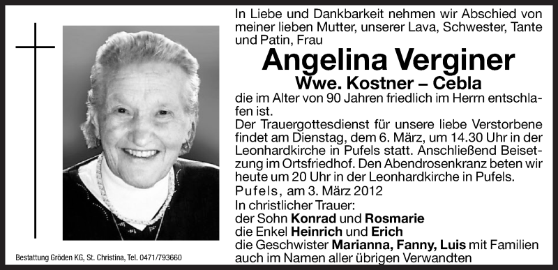  Traueranzeige für Angelina Kostner vom 05.03.2012 aus Dolomiten