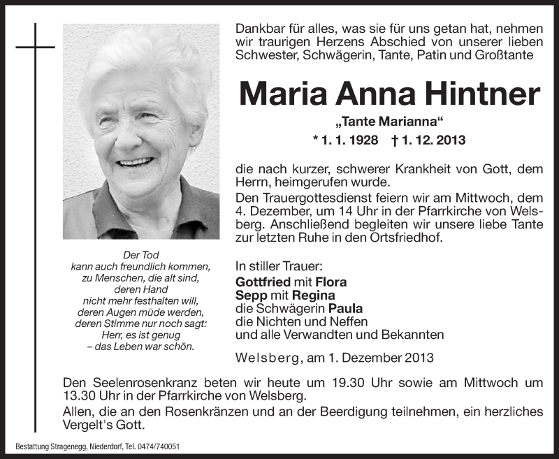  Traueranzeige für Maria Anna Hintner vom 03.12.2013 aus Dolomiten