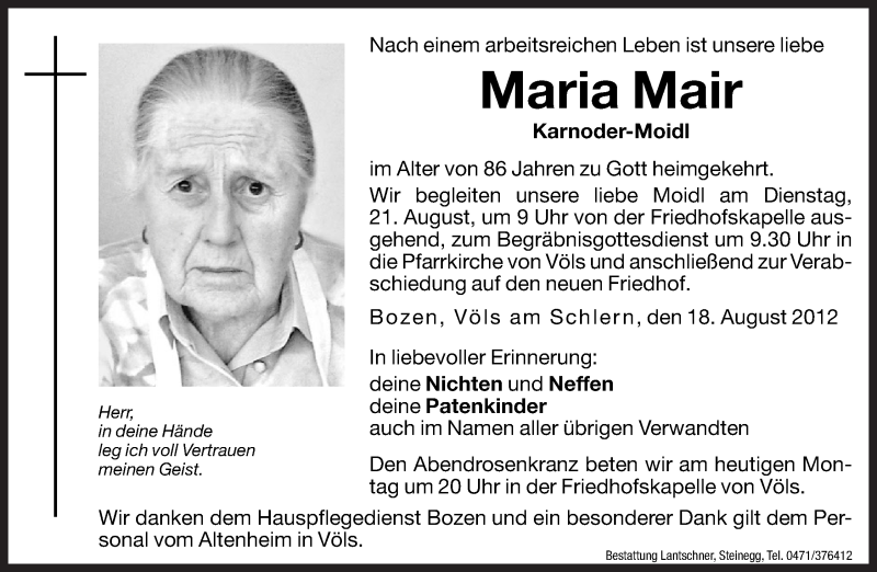  Traueranzeige für Maria Mair vom 20.08.2012 aus Dolomiten