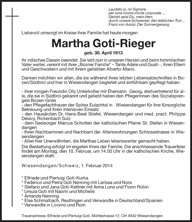  Traueranzeige für Martha Goti-Rieger vom 03.02.2014 aus Dolomiten