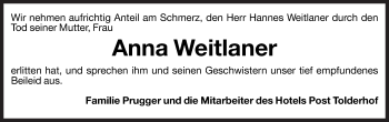 Traueranzeige von Anna Weitlaner von Dolomiten