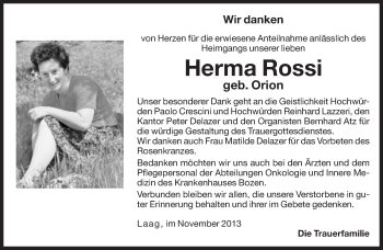 Traueranzeige von Herma Rossi von Dolomiten