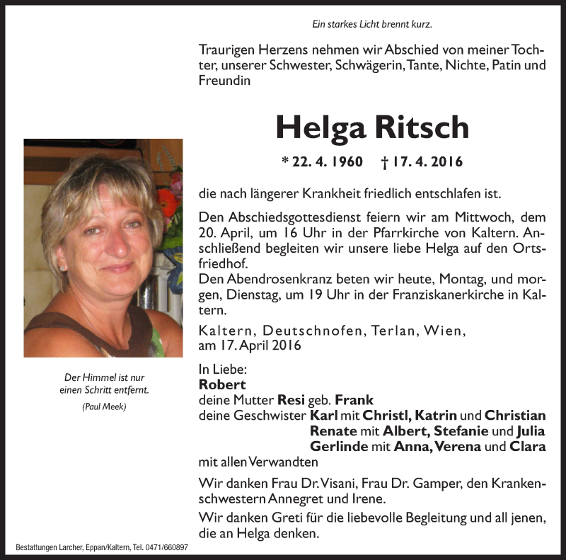  Traueranzeige für Helga Ritsch vom 18.04.2016 aus Dolomiten