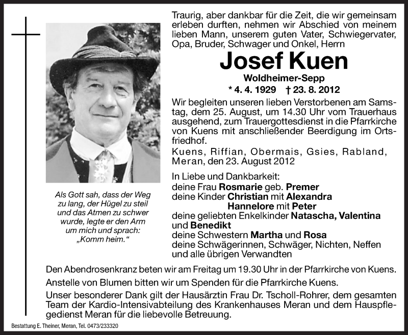  Traueranzeige für Josef Kuen vom 24.08.2012 aus Dolomiten