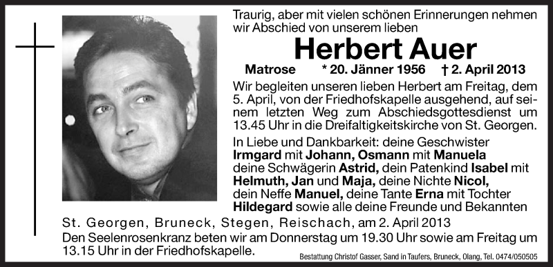  Traueranzeige für Herbert Auer vom 04.04.2013 aus Dolomiten