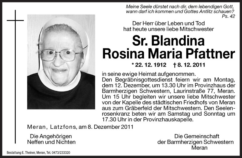  Traueranzeige für Rosina Maria Pfattner vom 09.12.2011 aus Dolomiten