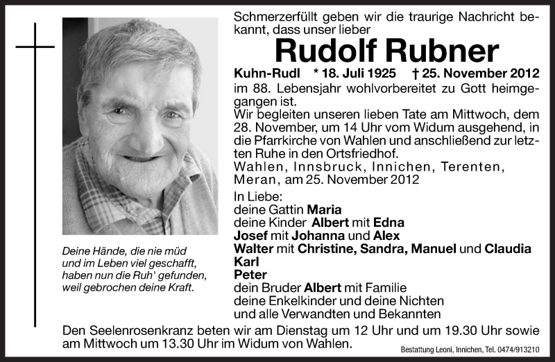  Traueranzeige für Rudolf Rubner vom 27.11.2012 aus Dolomiten