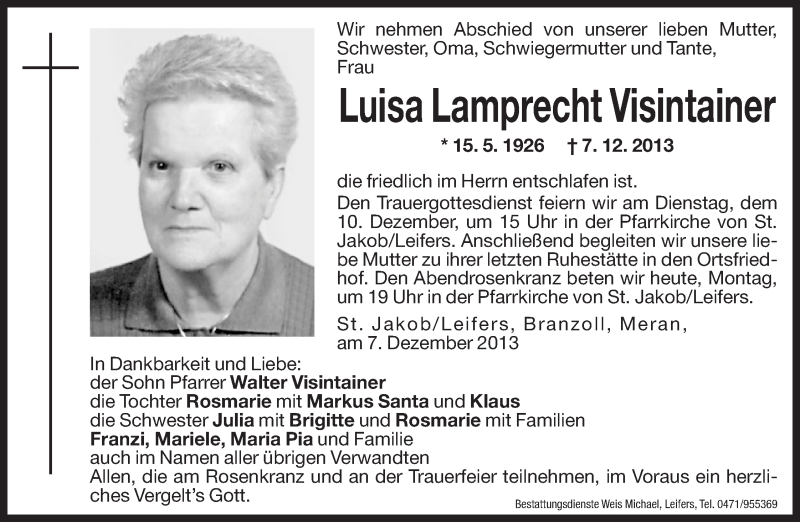  Traueranzeige für Luisa  Lamprecht Visintainer vom 09.12.2013 aus Dolomiten