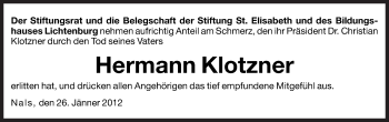 Traueranzeige von Hermann Klotzner von Dolomiten