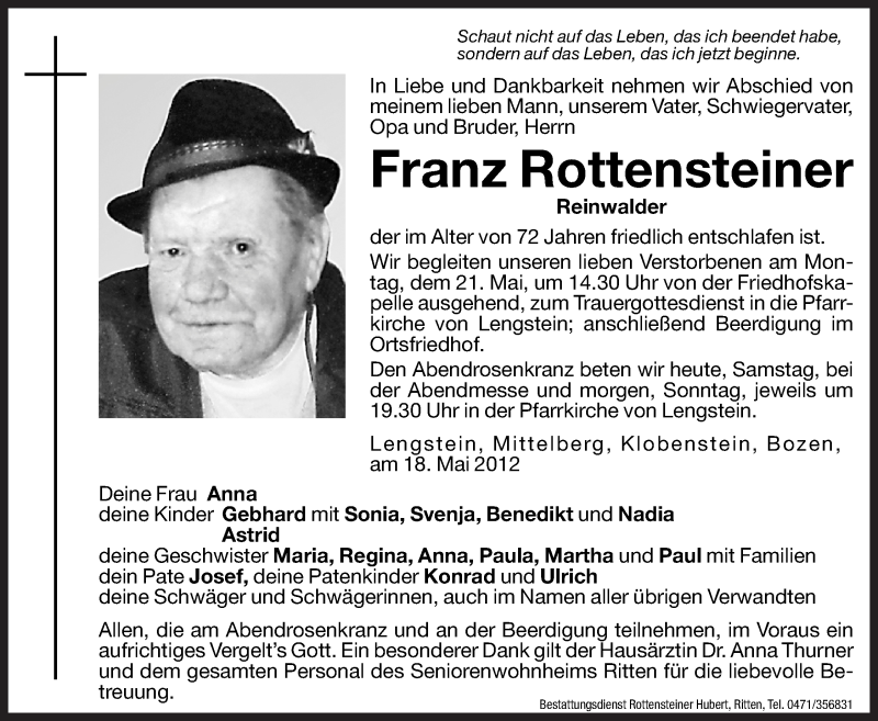  Traueranzeige für Franz Rottensteiner vom 19.05.2012 aus Dolomiten