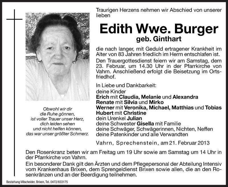  Traueranzeige für Edith Burger vom 22.02.2013 aus Dolomiten