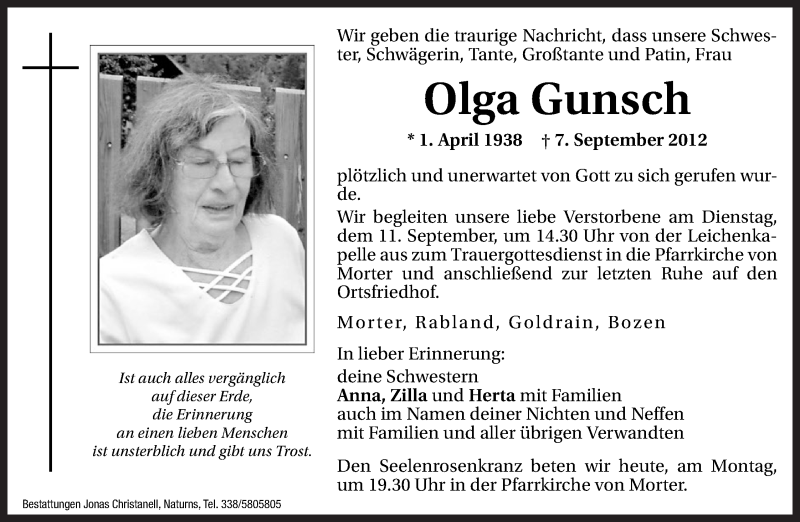  Traueranzeige für Olga Gunsch vom 10.09.2012 aus Dolomiten