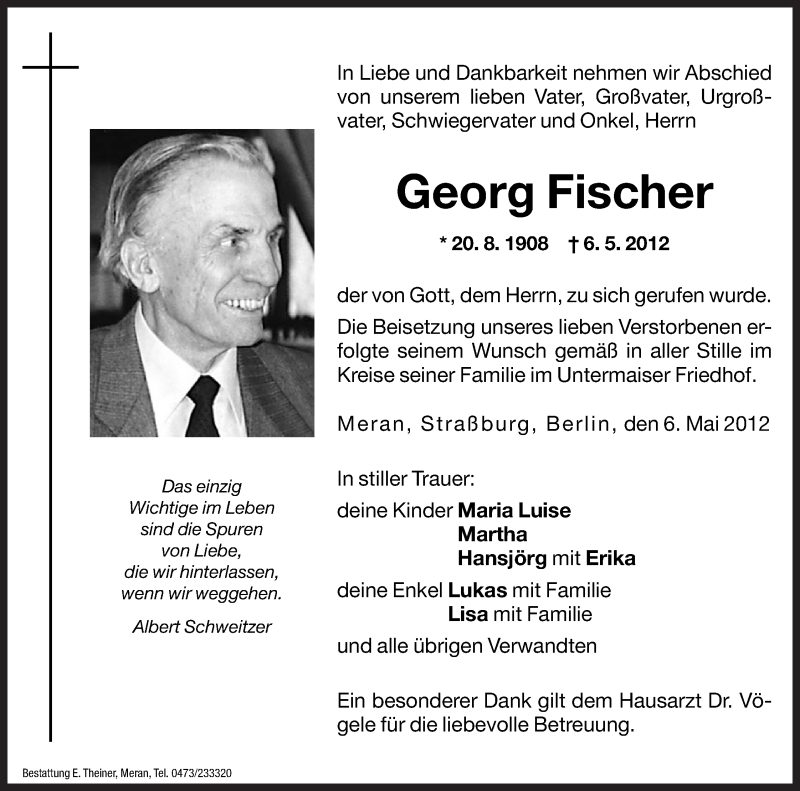  Traueranzeige für Georg Fischer vom 09.05.2012 aus Dolomiten