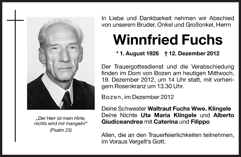  Traueranzeige für Winnfried Fuchs vom 19.12.2012 aus Dolomiten